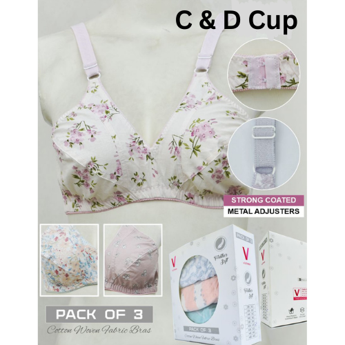 Pack of 3 Random Prints Cotton Woven Fabric Bras FN196 (Non-Padded, Non Wired)