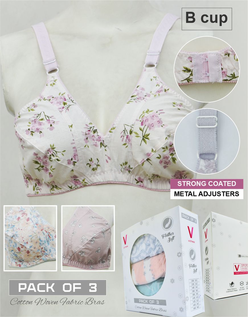 Pack of 3 Random Prints Cotton Woven Fabric Bras FN195 (Non-Padded, Non Wired)