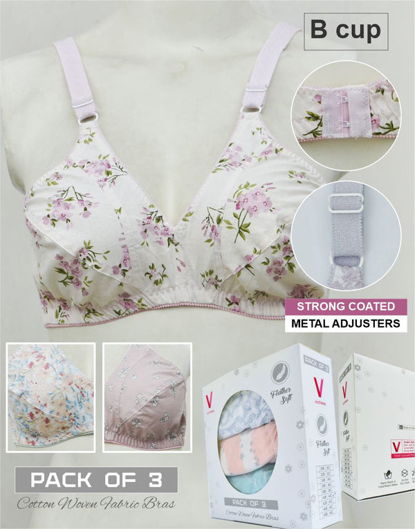 Pack of 3 Random Prints Cotton Woven Fabric Bras FN195 (Non-Padded, Non Wired)