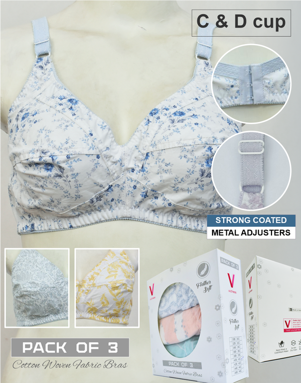 Pack of 3 Random Prints Cotton Woven Fabric Bras FN130 (Non-Padded, Non Wired)