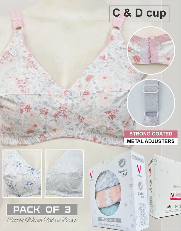 Pack of 3 Random Prints Cotton Woven Fabric Bras FN162 (Non-Padded, Non Wired)