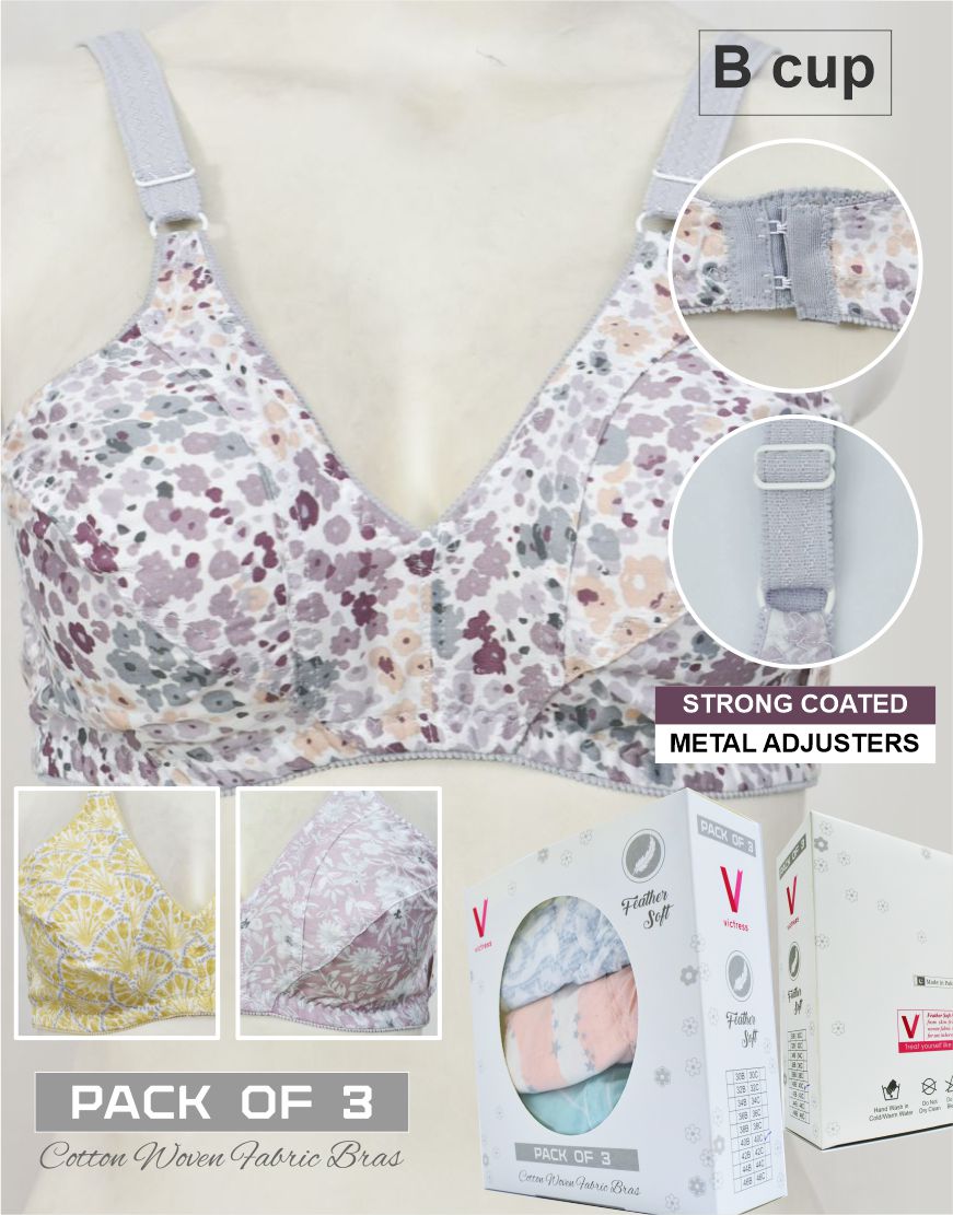 Pack of 3 Random Prints Woven Fabric Bras FN164 (Non-Padded, Non Wired)