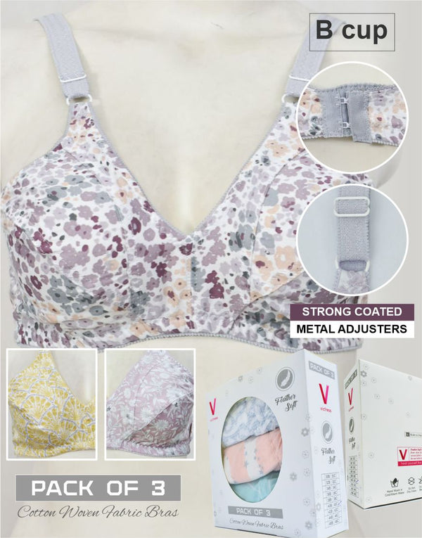 Pack of 3 Random Prints Woven Fabric Bras FN164 (Non-Padded, Non Wired)