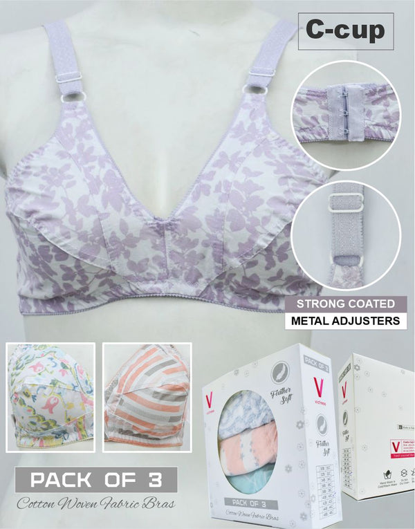 Pack of 3 Random Prints Cotton Woven Fabric Bras FN118 (Non-Padded, Non Wired)