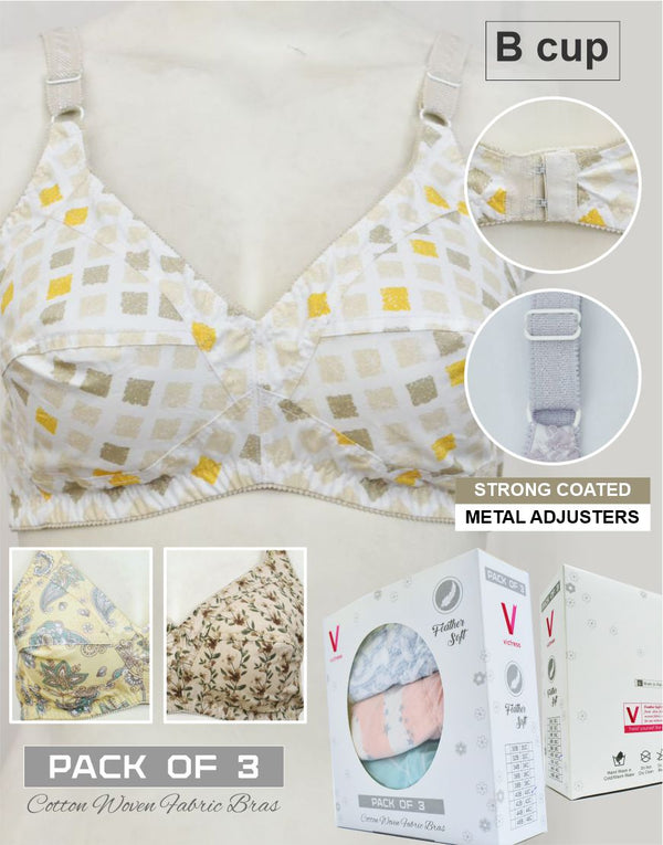 Pack of 3 Random Prints Cotton Woven Fabric Bras FN156 (Non-Padded, Non Wired)