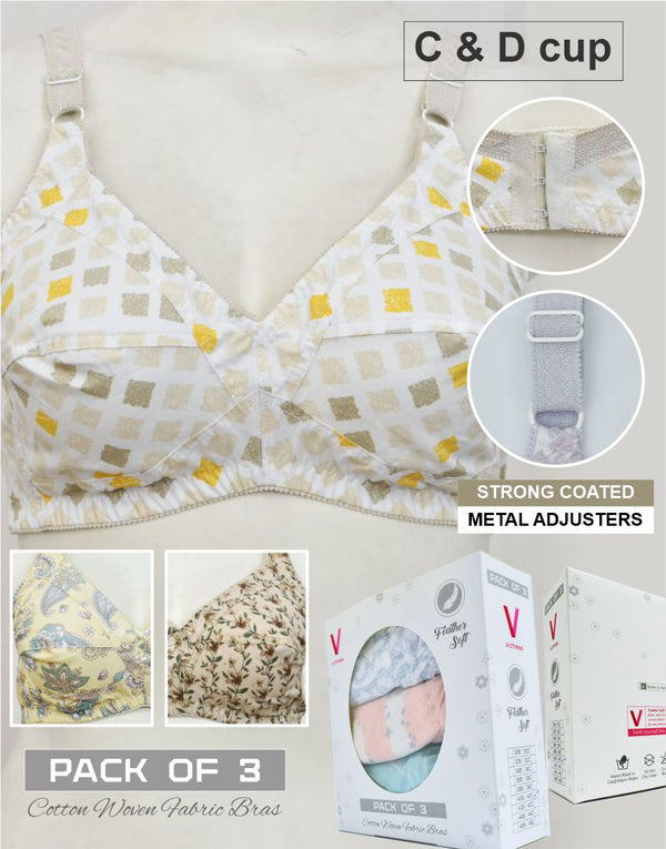 Pack of 3 Random Prints Cotton Woven Fabric Bras FN157 (Non-Padded, Non Wired)