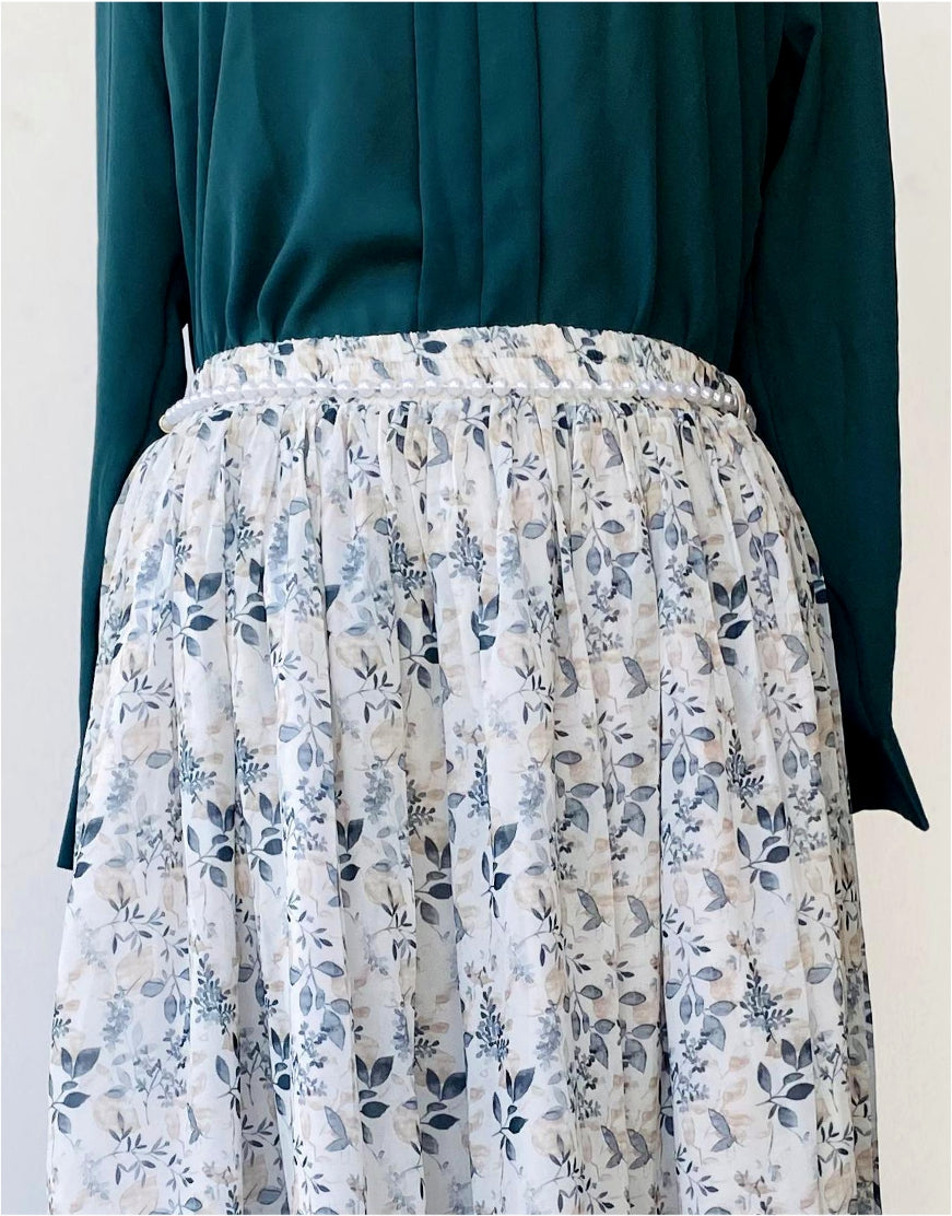 Green Shirt and Floral Print Skirt with Lining (Chain Belt included)