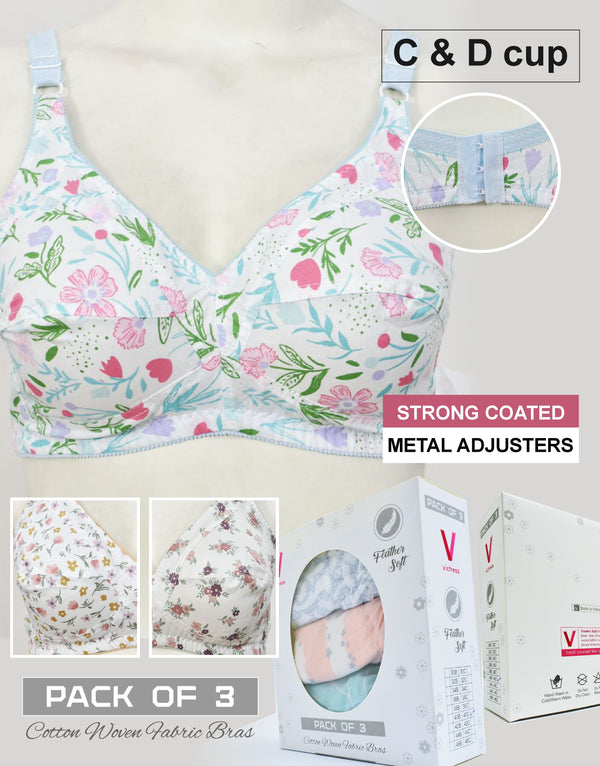 Pack of 3 Random Prints Cotton Woven Fabric Bras FN171 (Non-Padded, Non Wired)