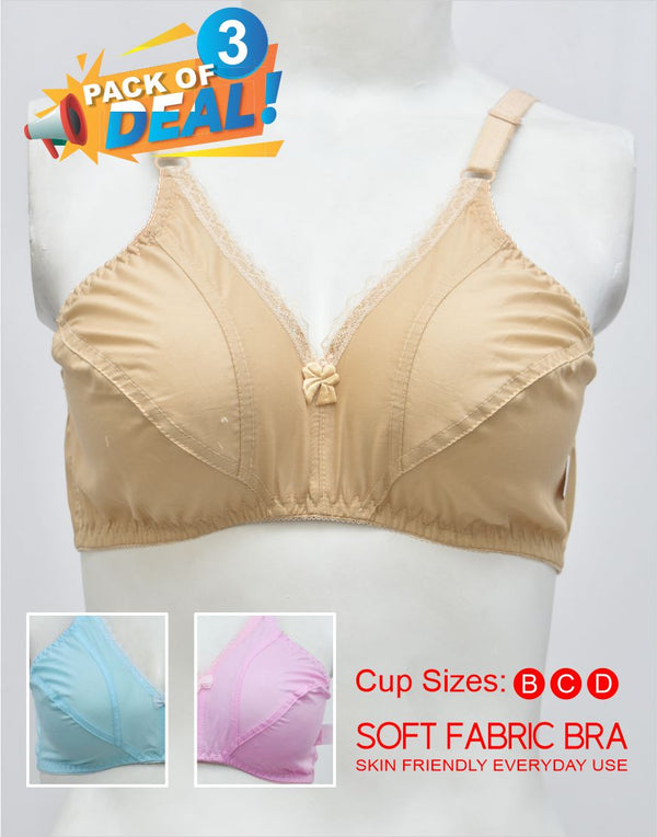 Pack of 3 Soft Fabric Bras (Non-Padded, Non Wired)