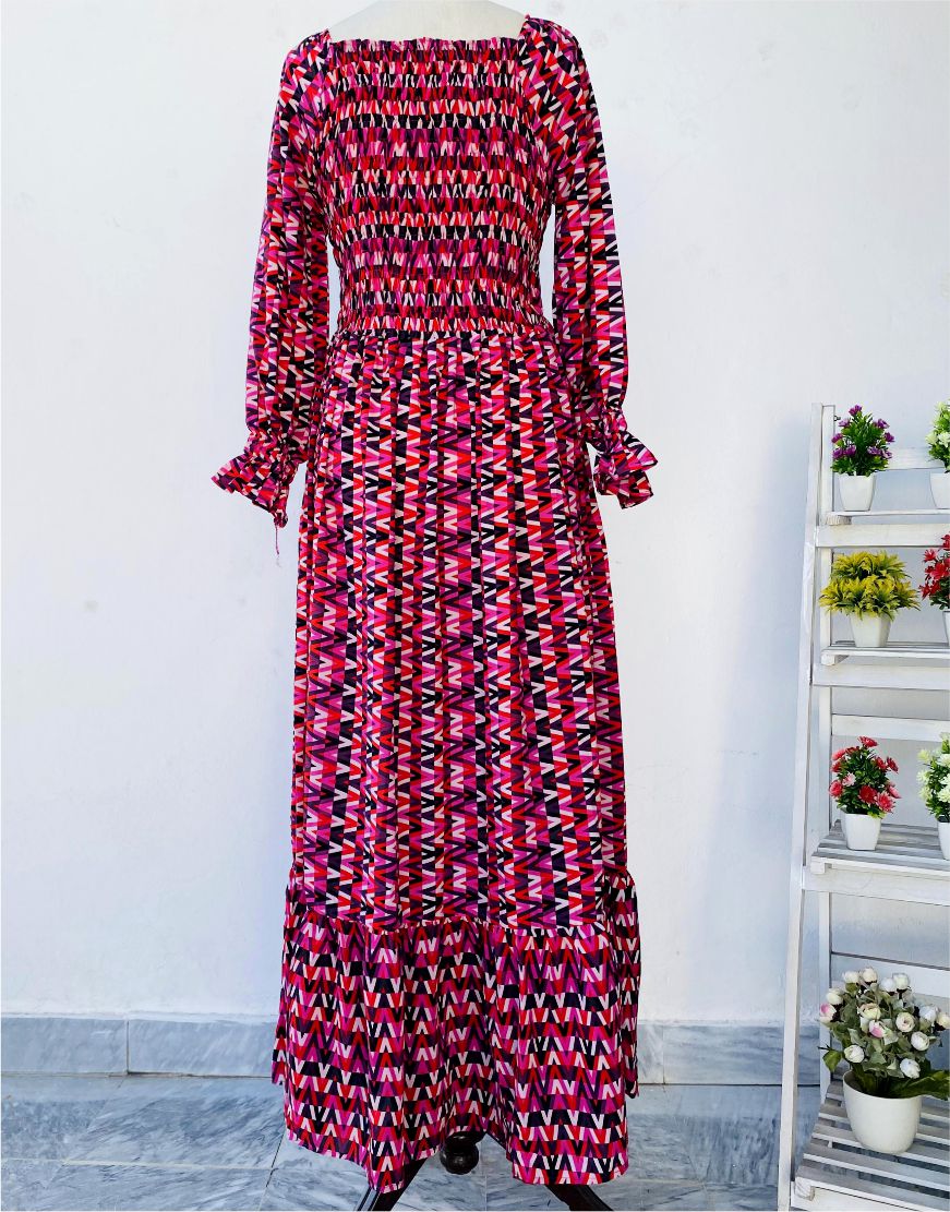 Zigzag Print Smoked Georgette Maxi