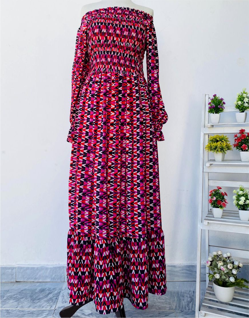 Zigzag Print Smoked Georgette Maxi