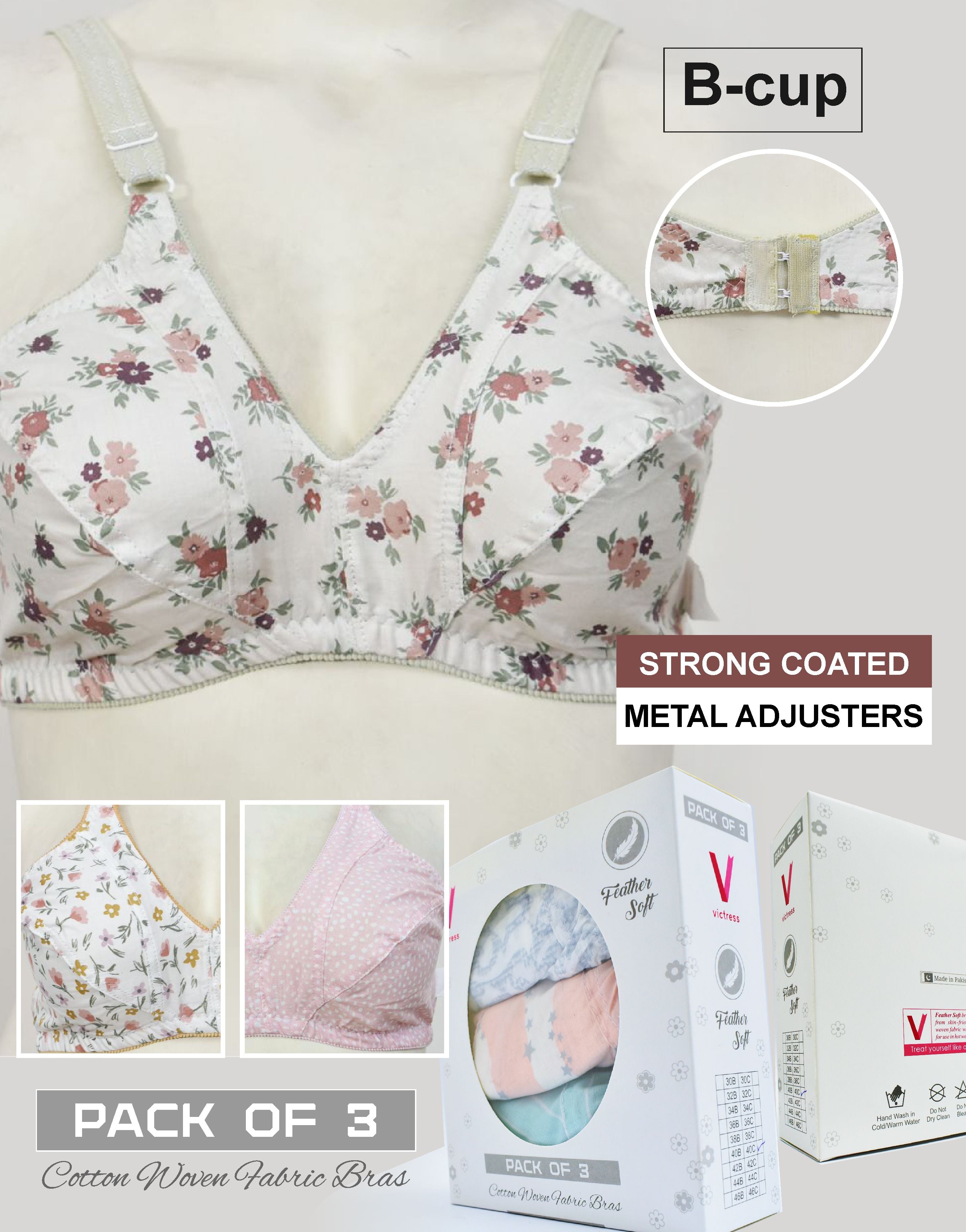 Pack of 3 Random Prints Cotton Woven Fabric Bras FN170 (Non-Padded, Non Wired)