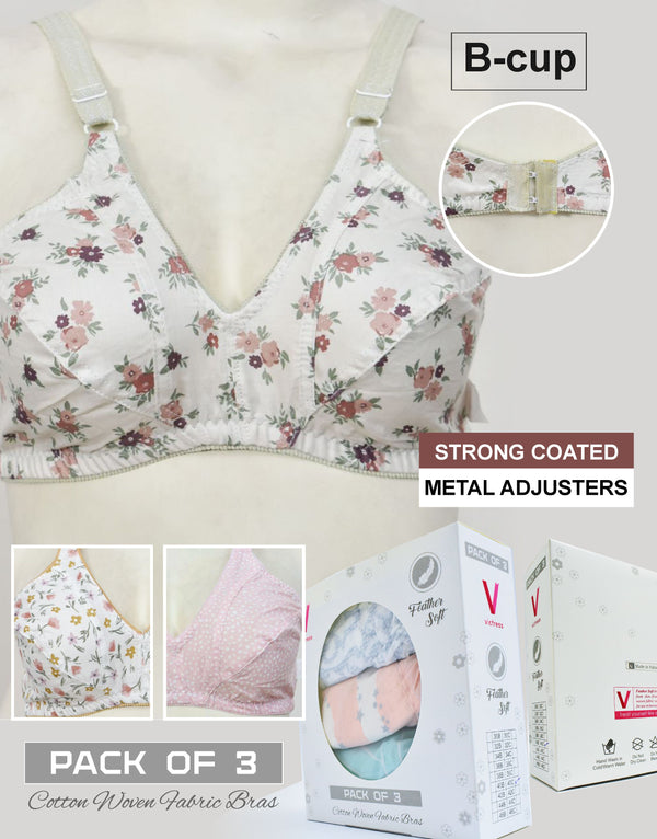 Pack of 3 Random Prints Cotton Woven Fabric Bras FN170 (Non-Padded, Non Wired)