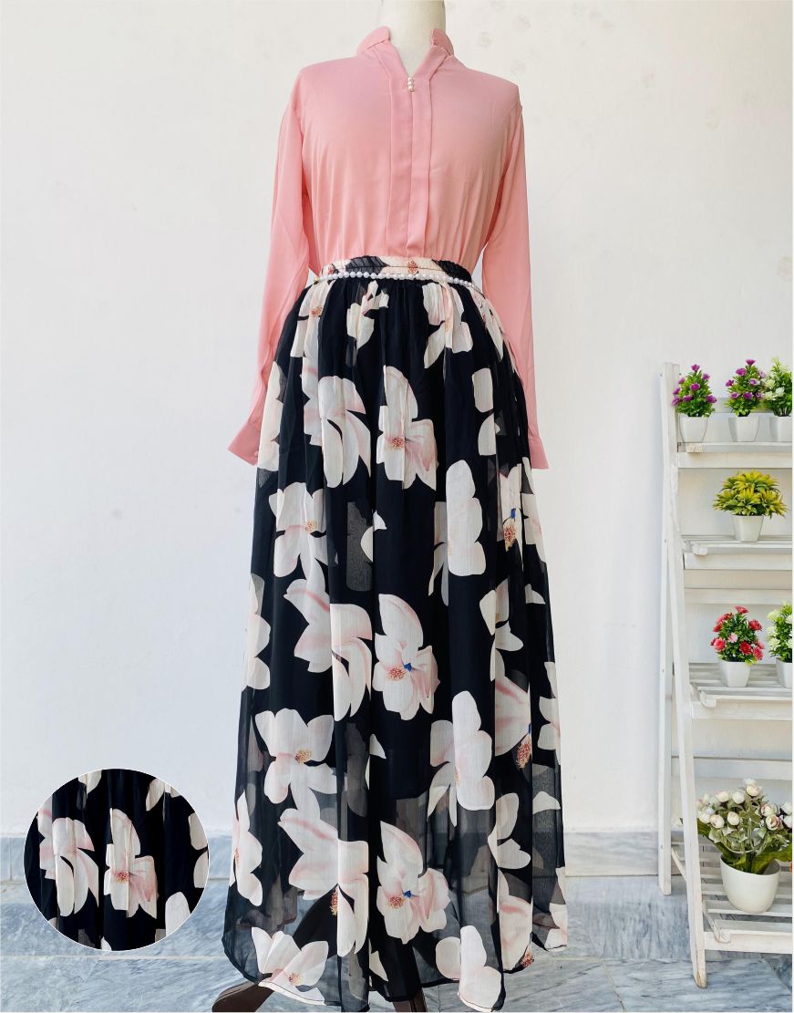 Pink Shirt and Floral Print Skirt with Lining (Chain Belt included)