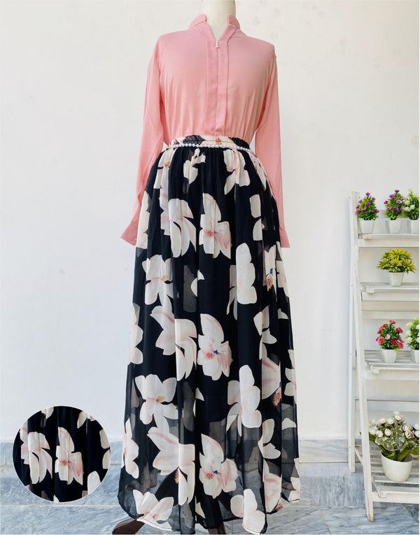 Pink Shirt and Floral Print Skirt with Lining (Chain Belt included)