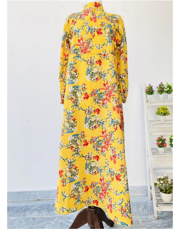 Band Collar Deep Yellow Floral Georgette Maxi